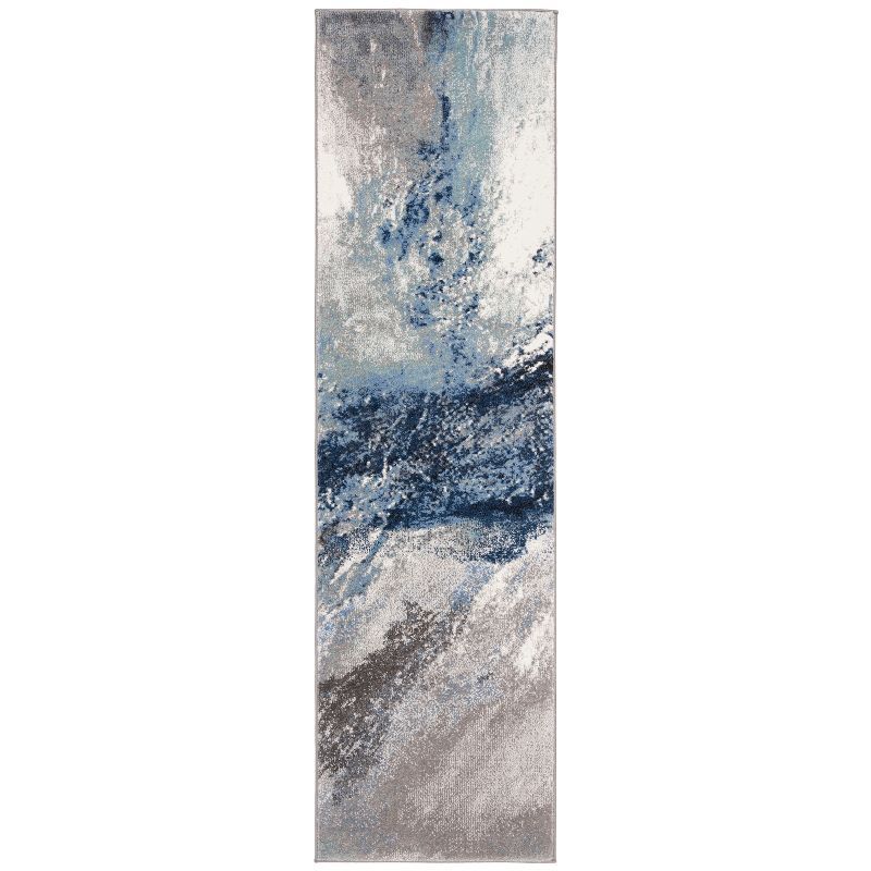 Celestial Spark Abstract Gray and Blue Synthetic Runner Rug