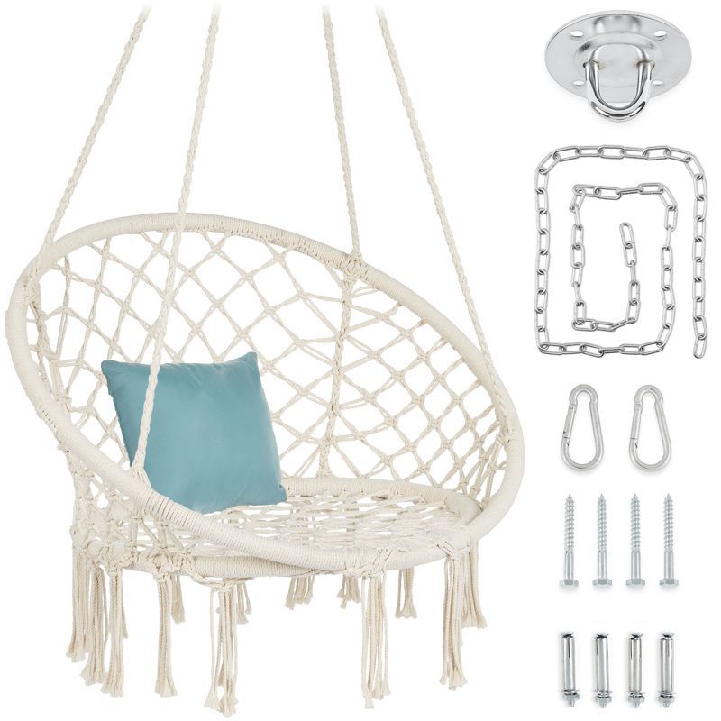 Beige Handwoven Cotton Macrame Hanging Chair with Tassels