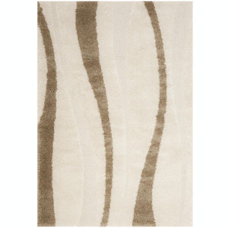 Elegant Waves Cream/Dark Brown Hand-Knotted Shag Rug 5'3" X 7'6"