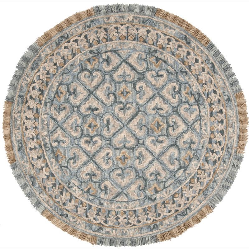 Blossom Light Beige and Blue Hand-Tufted Wool Round Rug