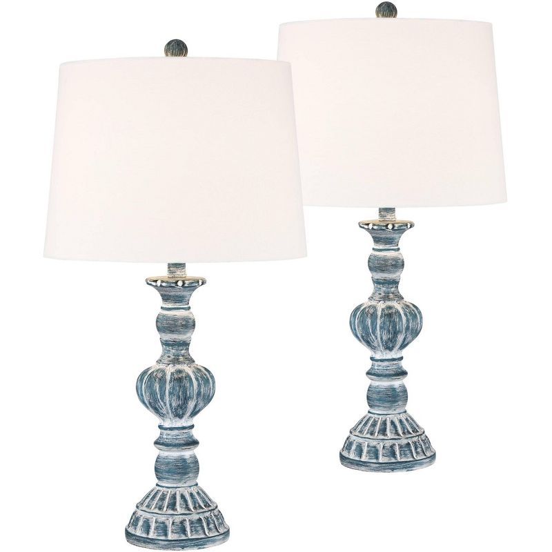 Blue Washed Polyresin Table Lamps with White Shades, Set of 2