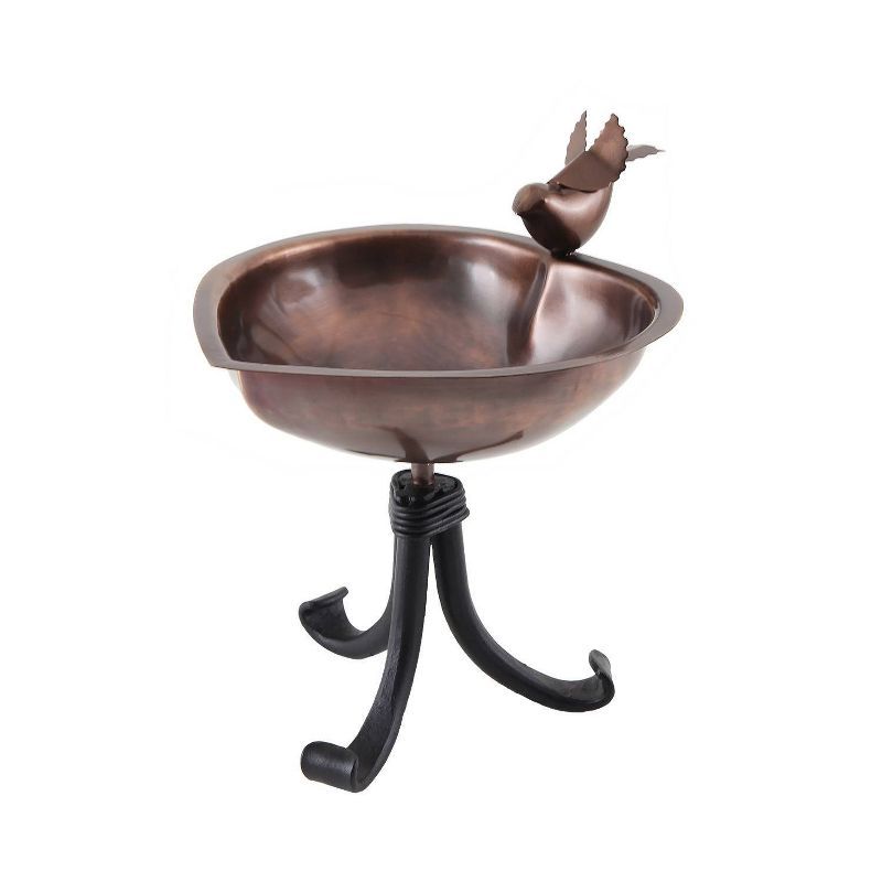 Heart Shaped Copper Birdbath with Black Wrought Iron Stand