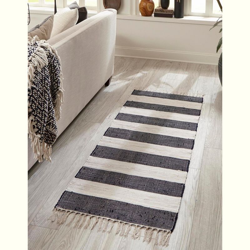 Handwoven Navy Blue Stripe Indoor Runner with Recycled Cotton