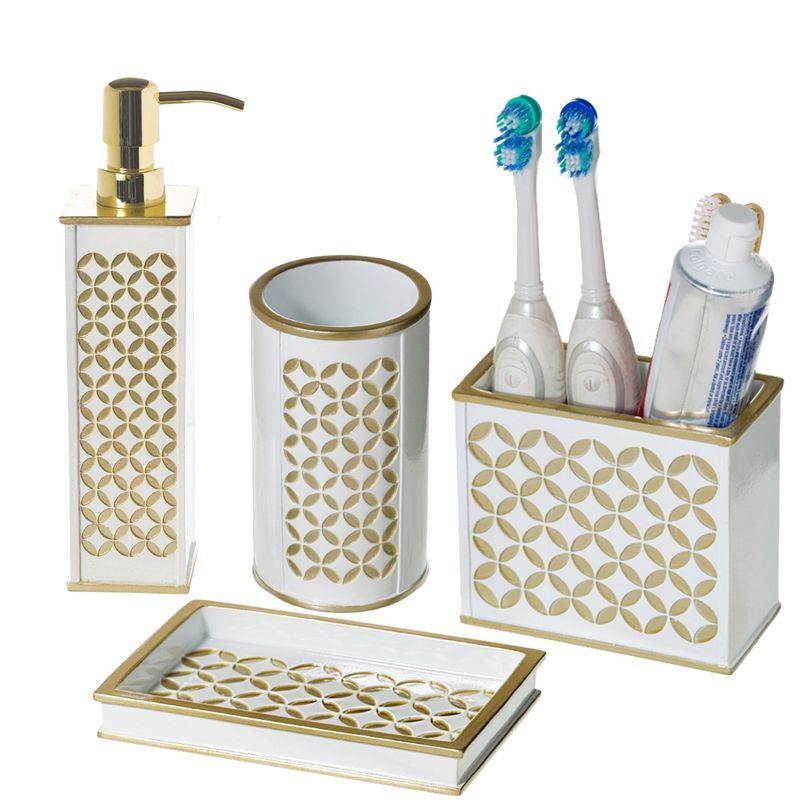 White and Gold Diamond Lattice 4-Piece Bathroom Accessories Set