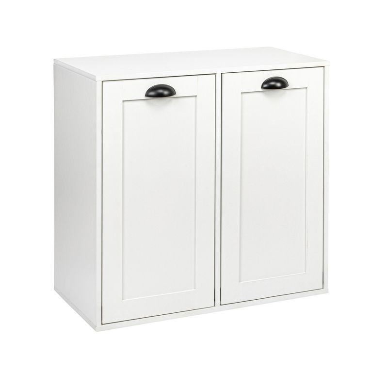 White Wood Laundry Sorter Cabinet with Drawstring Bags