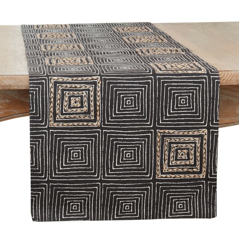 Black and Beige Embroidered Maze Cotton Table Runner