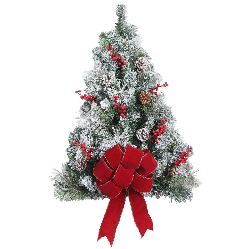 28" Pre-lit Flocked Hanging Christmas Tree with Red Bow