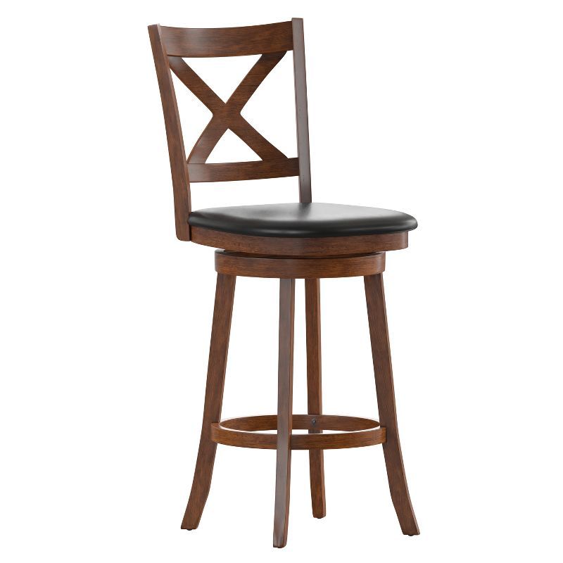 Antique Oak Crossback Swivel Barstool with Black Vinyl Seat