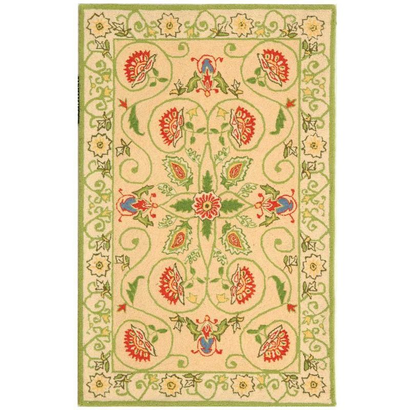 Beige and Green Floral Hand-Knotted Wool Area Rug