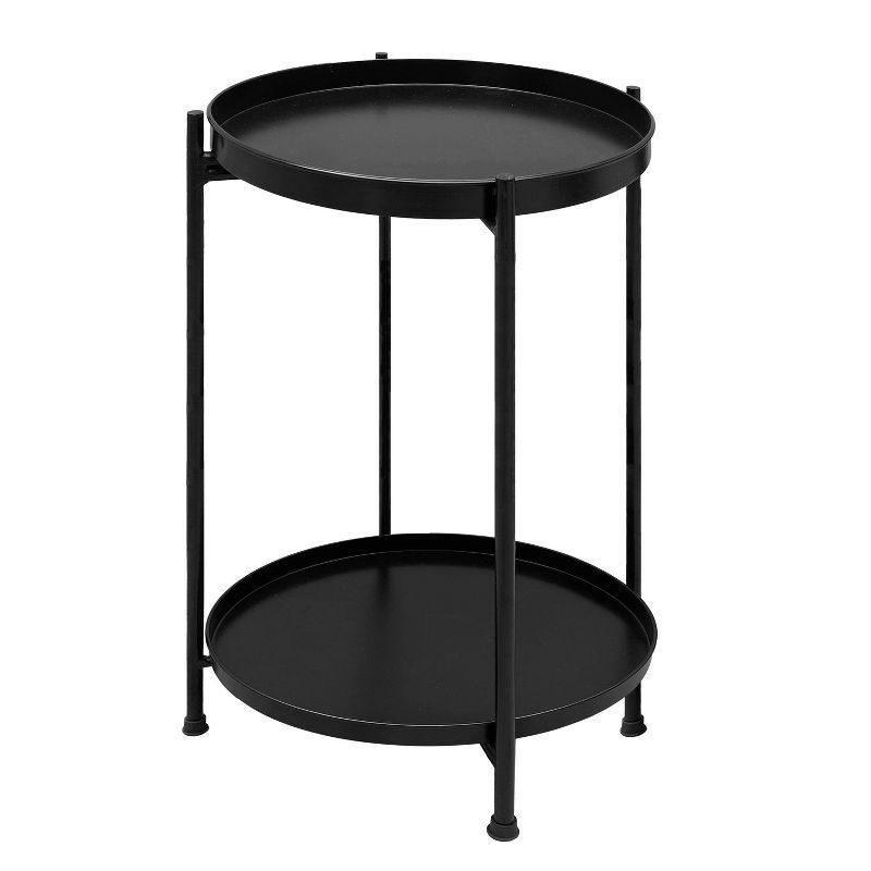 15" Black Metal Round Tray Top Side Table with Foldable Legs