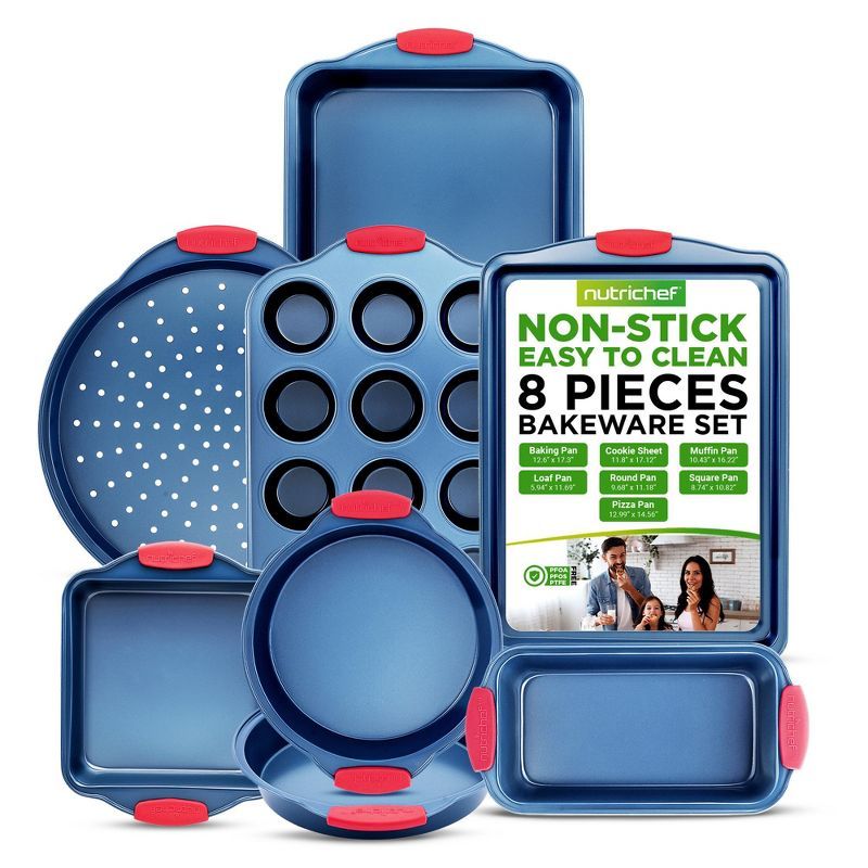 NutriChef 8-Piece Blue Nonstick Carbon Steel Bakeware Set with Red Silicone Handles