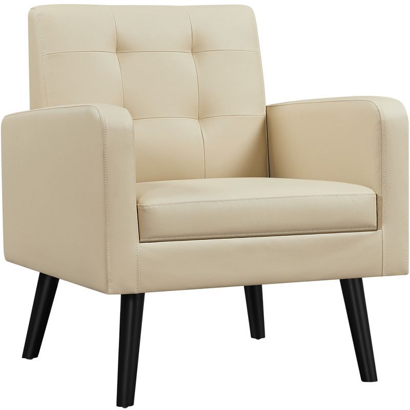 Beige Faux Leather Mid-Century Modern Accent Chair