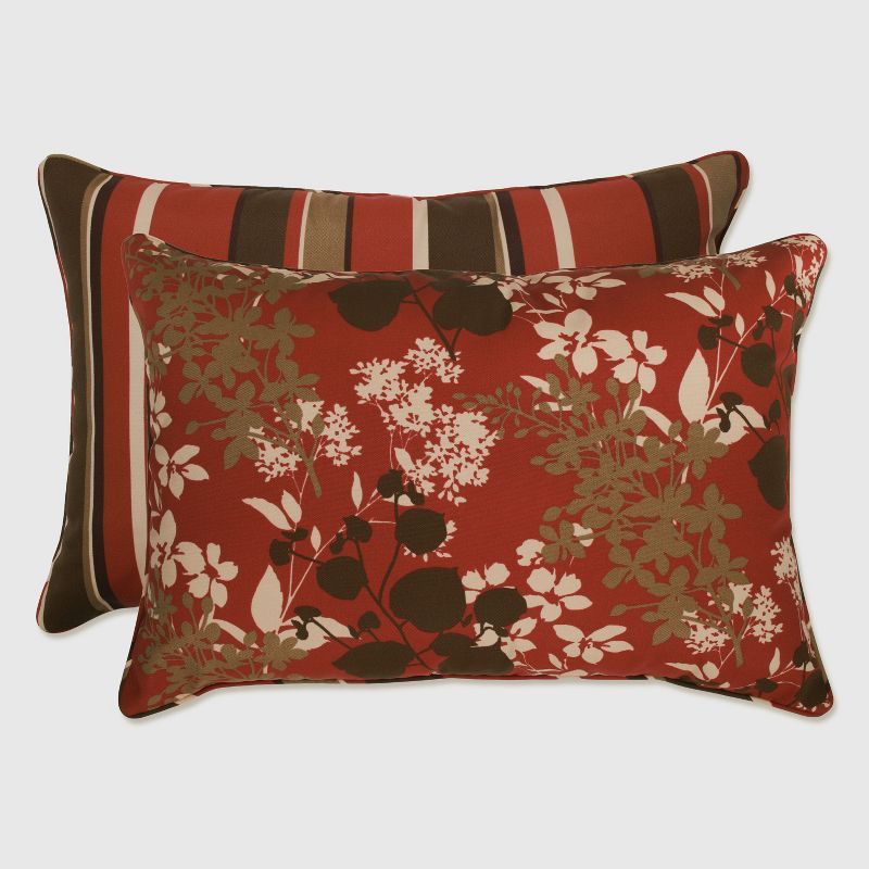 Reversible Red and Brown Floral Stripe Lumbar Pillow Set