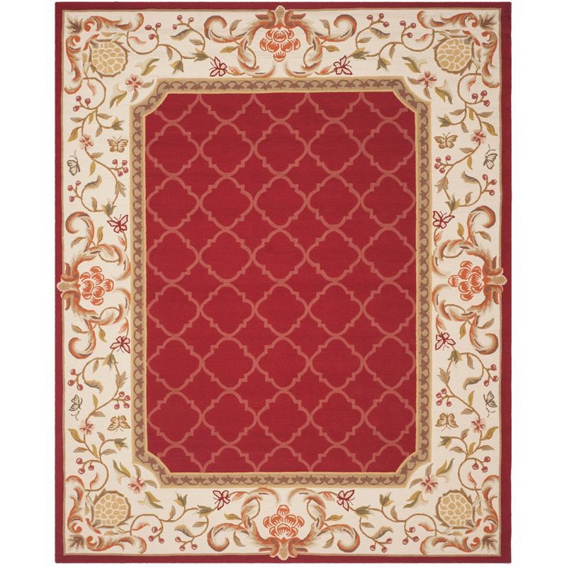 Burgundy and Ivory Hand-Hooked Wool Area Rug, 8' x 10'