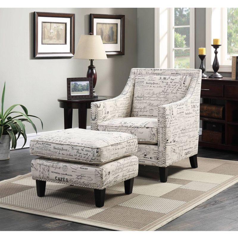 French Script Upholstered Ottoman with Nailhead Trim