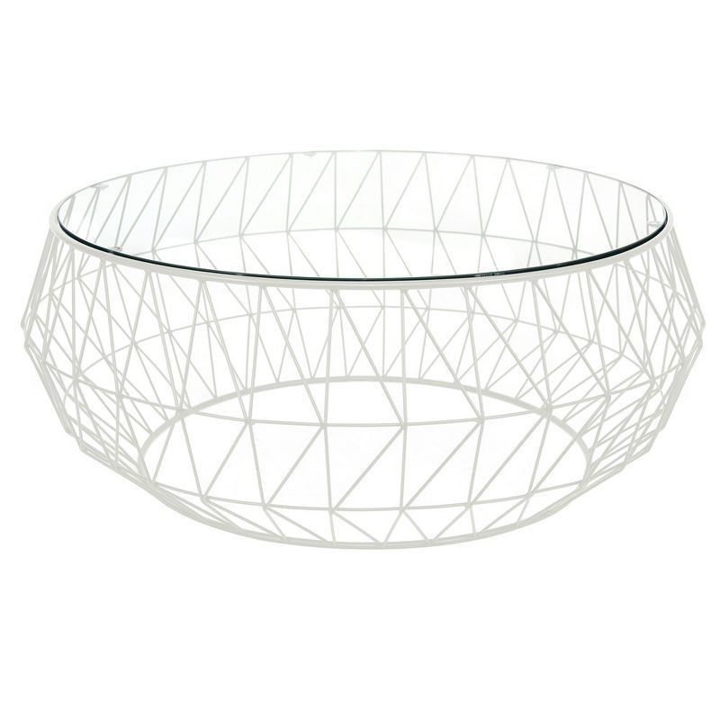 White Round Glass Top Coffee Table with Metal Base