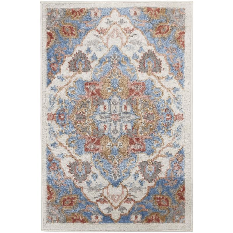 Ivory Blue Floral Medallion Round Area Rug, Handmade and Stain-Resistant