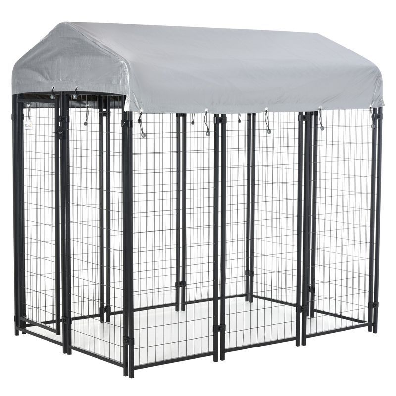 Large Black Steel Outdoor Dog Kennel with UV-Resistant Roof