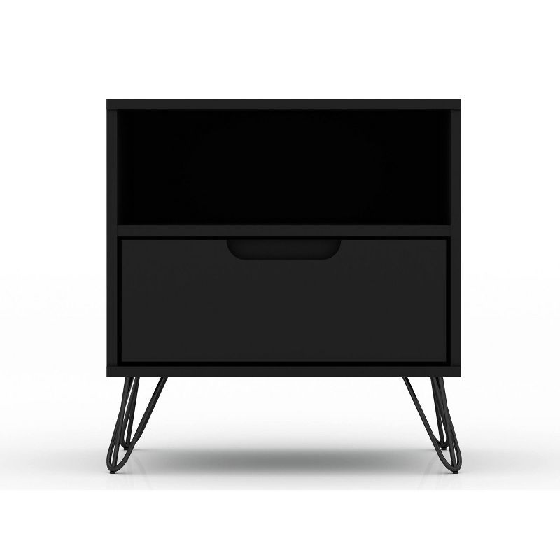 Mid-Century Modern Black Nightstand with Metal Legs and Drawer