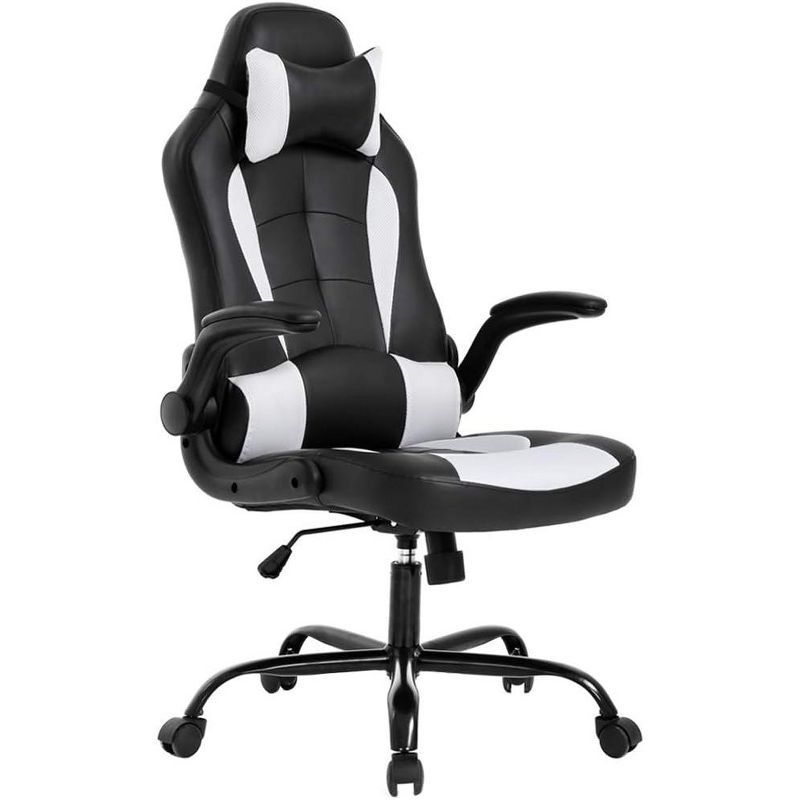 Black and White Ergonomic PU Leather Gaming Chair with Lumbar Support