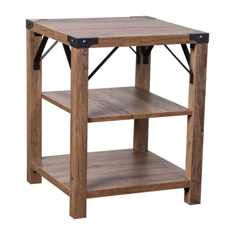 Rustic Oak and Metal 3-Tier Square End Table