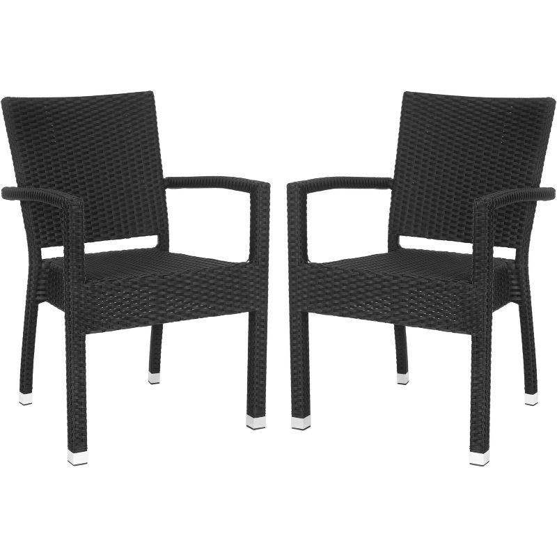 Sleek Black Wicker and Aluminum Outdoor Arm Chair, Set of 2