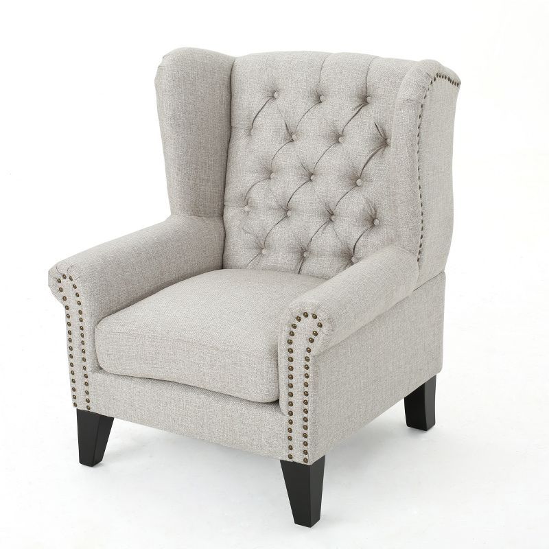 Beige Velvet Wingback Accent Chair with Wood Legs