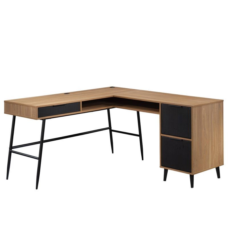 Serene Walnut L-Shaped Corner Desk with Black Drawers and Filing Cabinet