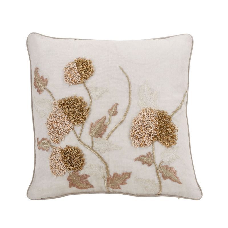 Square White Linen Embroidered Floral Throw Pillow