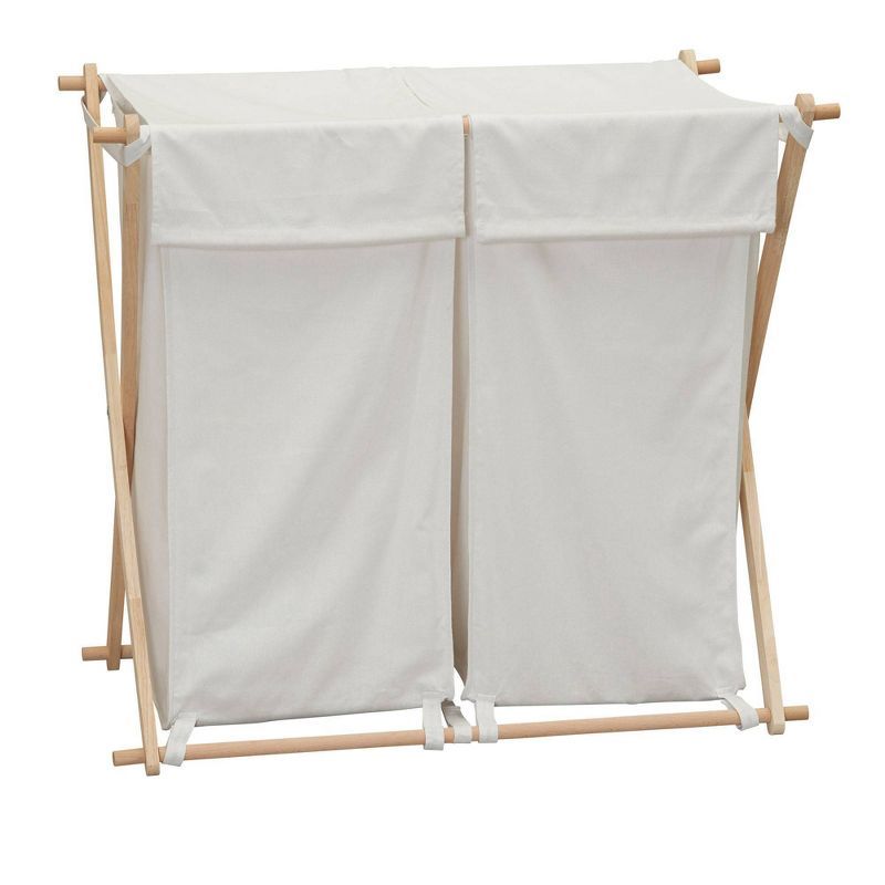 White Canvas Double Laundry Hamper with Collapsible Wood Frame