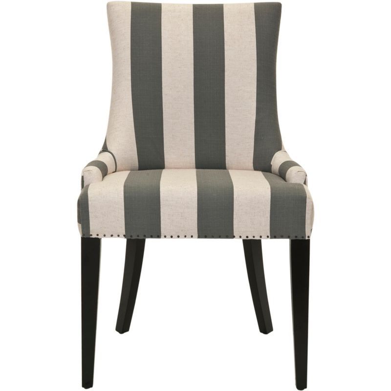 Grey and White Striped Linen Upholstered Side Chair with Wood Legs