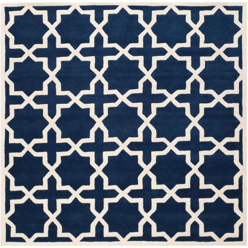 Handmade Dark Blue and Ivory Wool Square Area Rug