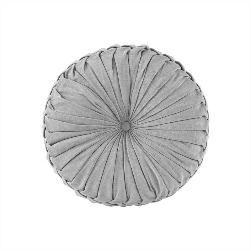 Gray Poly Chenille Round Floor Pillow with Tufted Button