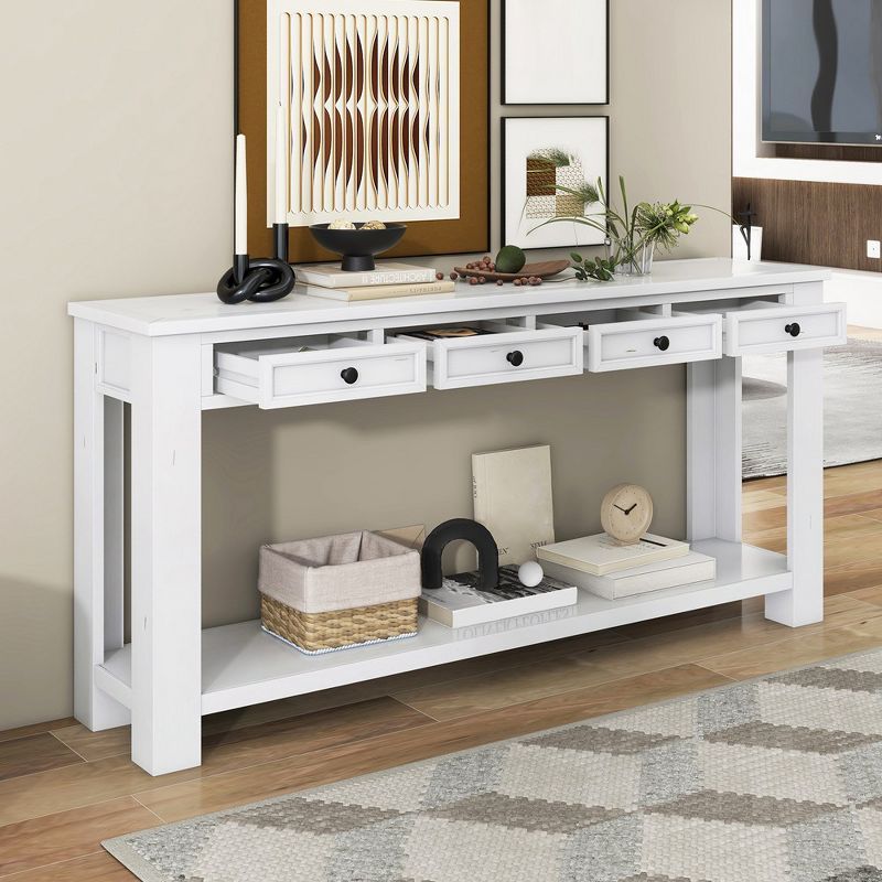 63" White Wood Console Table with 4 Drawers and Shelf