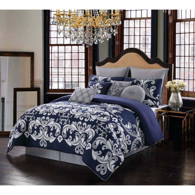 Navy and Silver Microfiber 10-Piece King Comforter Set