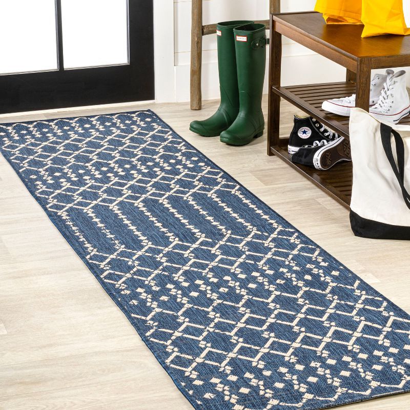 Boho-Chic Moroccan Tribal Navy/Beige Synthetic Area Rug