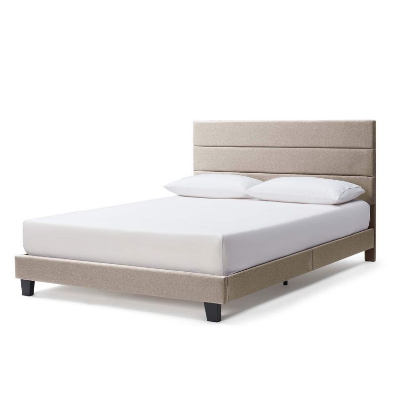 Beige Linen Upholstered King Platform Bed with Tufted Headboard