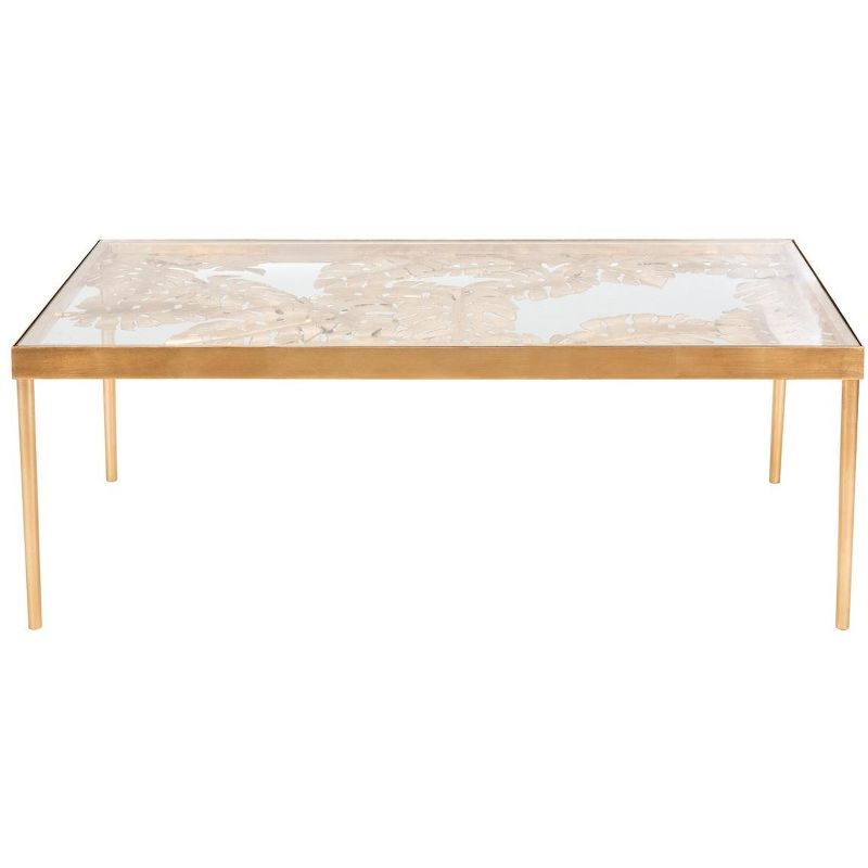 Elegant Gold Leaf Rectangular Glass Coffee Table with Palm Design