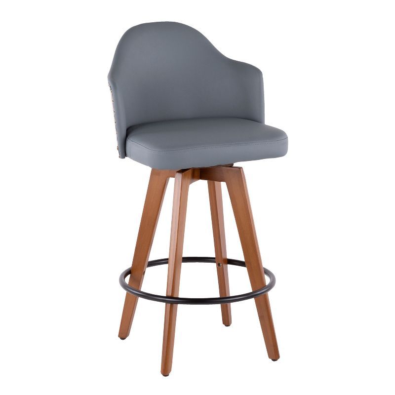 Modern Grey Swivel Counter Stool with Walnut Wood Frame