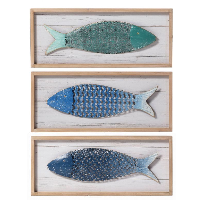 Coastal Blue and Green Metal Fish Wall Art Panels, Set of 3