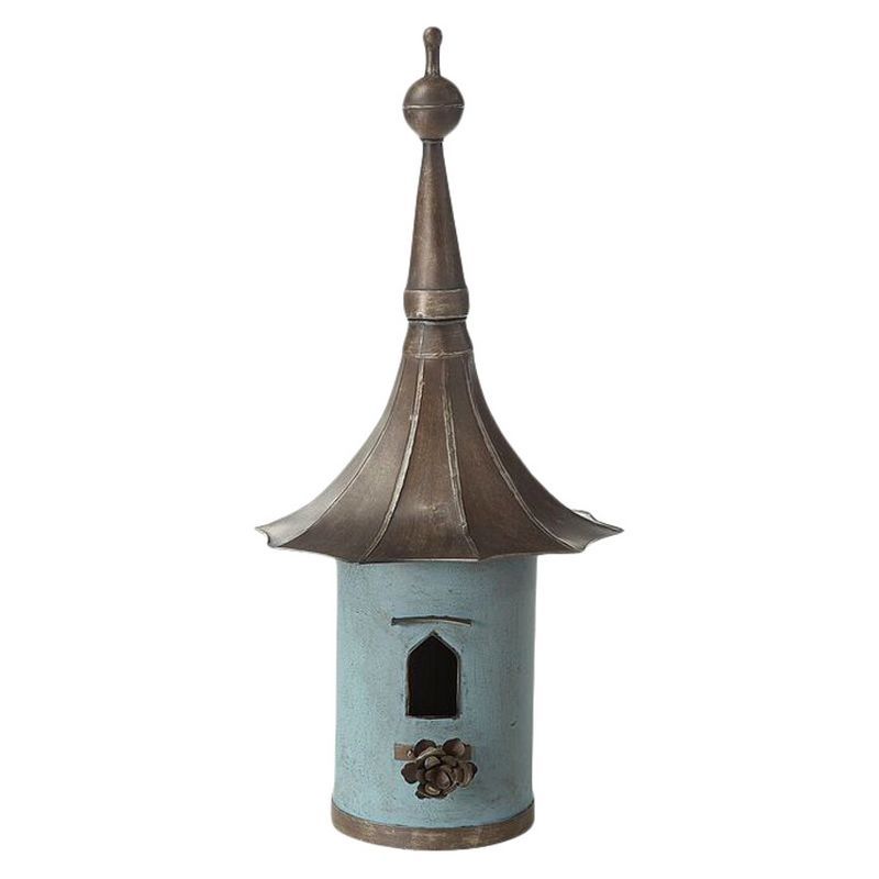 Aqua and Black Iron Freestanding Birdhouse with Flower Perch