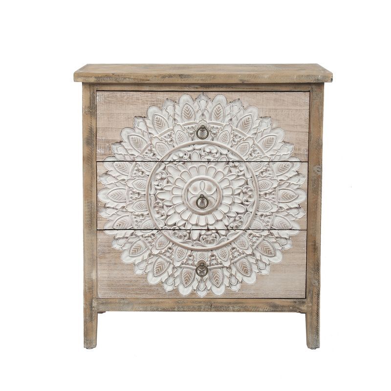 Whitewashed Carved Medallion 3-Drawer Accent Chest in Natural Wood