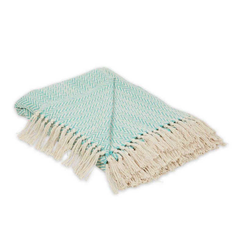 Aqua Handloom Chevron Cotton Throw Blanket with Fringe