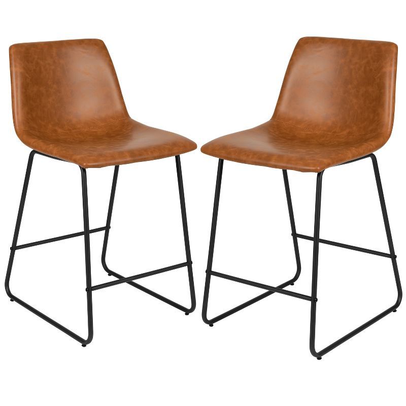 Merrick Lane Light Brown Faux Leather Counter Stools with Metal Legs, Set of 2