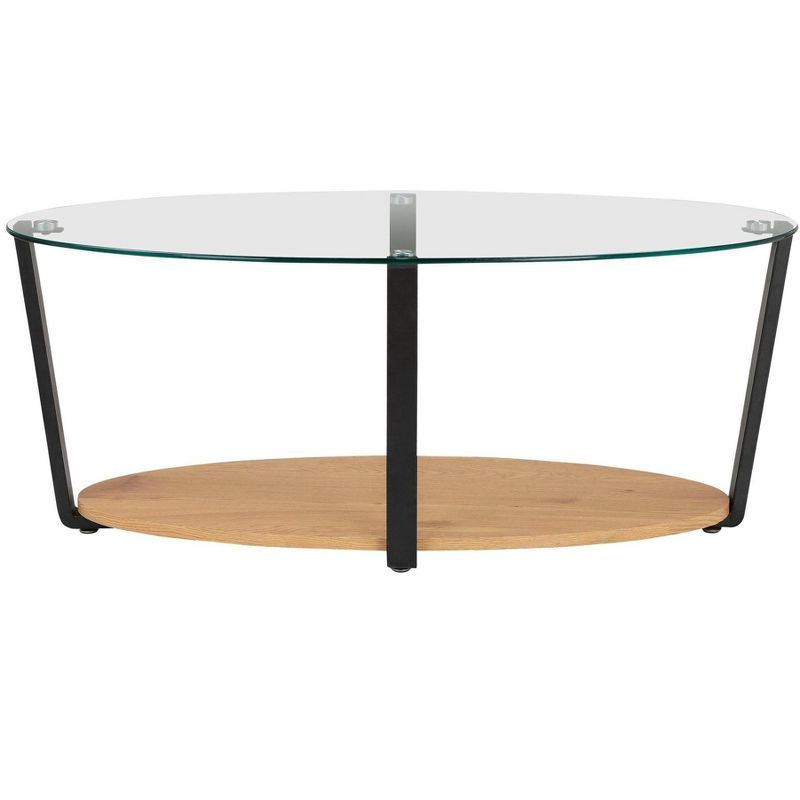 Nessa Oval Coffee Table with Glass Top and Oak Shelf