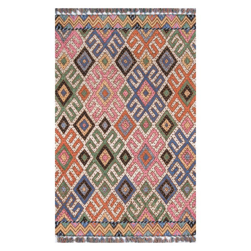 Multicolor Geometric Tufted Wool Area Rug with Fringe