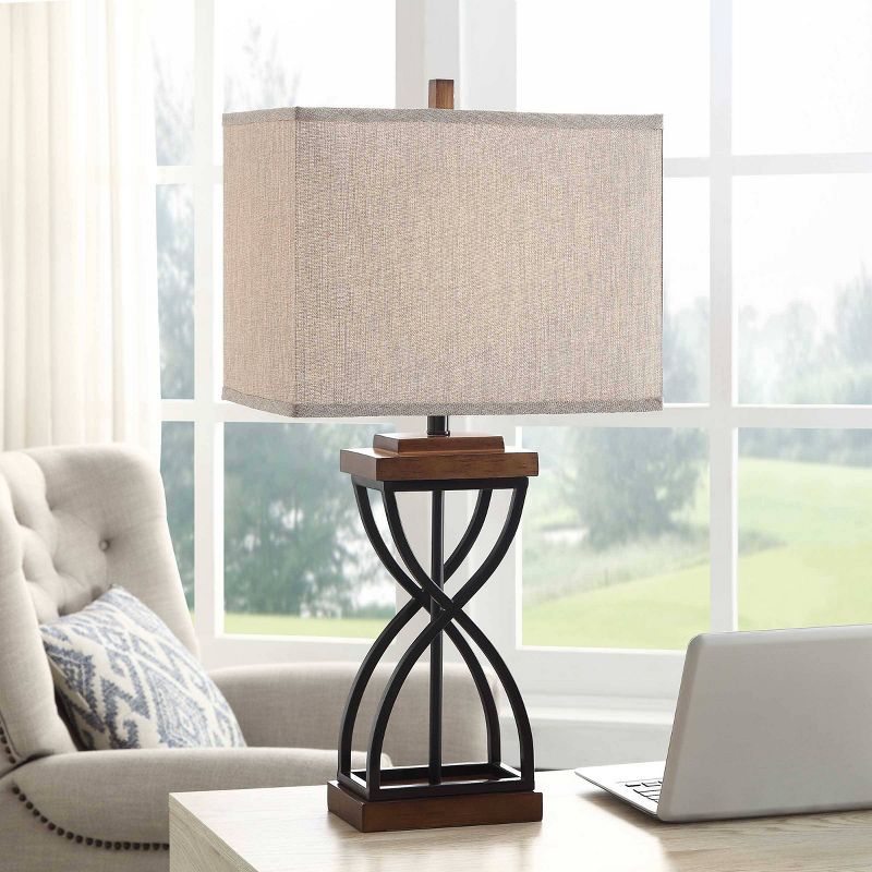 31" Black and Medium Wood Table Lamp with Beige Shade