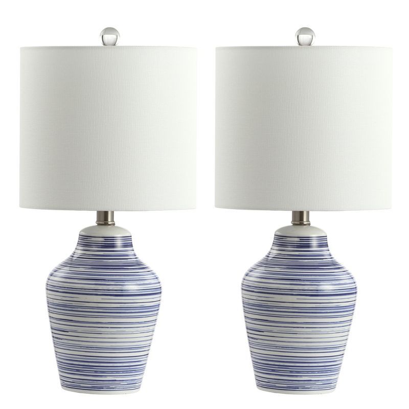 Maxton White and Blue Ceramic Table Lamp Set with Cotton Shade