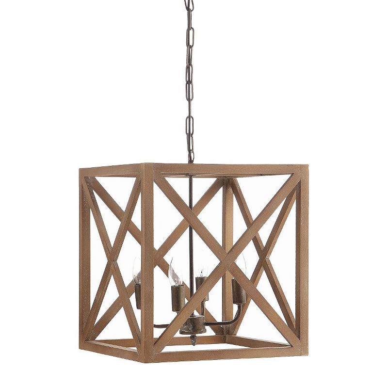 Natural Brown Wood and Metal Cage Chandelier, 4-Bulb