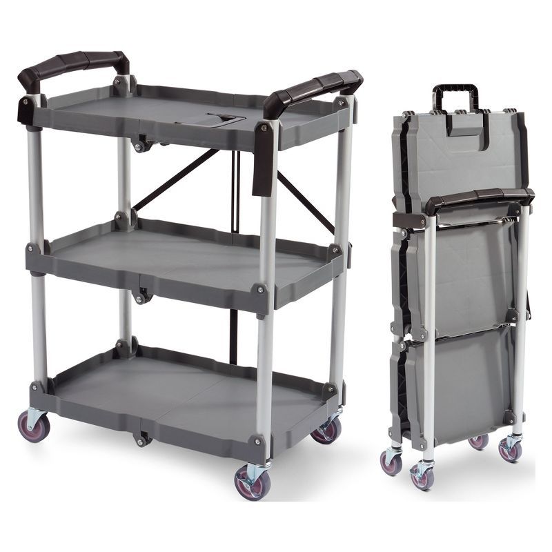 Elevon Gray Aluminum 3-Tier Collapsible Utility Cart with Swivel Wheels